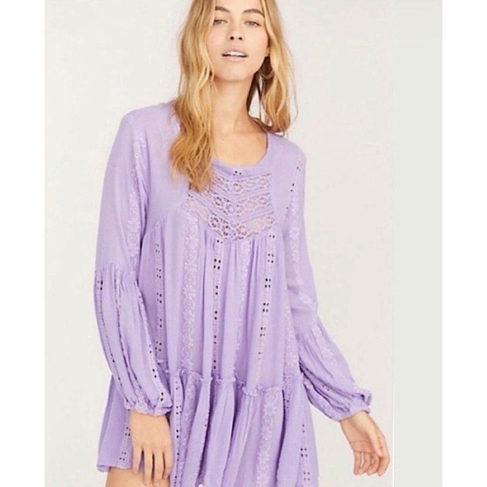 Free People Lavender Purple Embroidered Eyelet Lace Tunic Top Boho Size Small - Picture 3 of 10